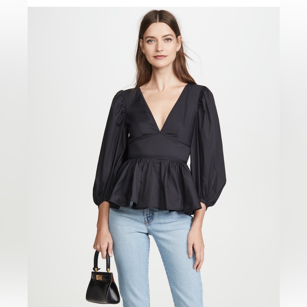 STAUD Luna Top Black Peplum Poplin Bold Sleeve Open Back - Picture 11 of 15